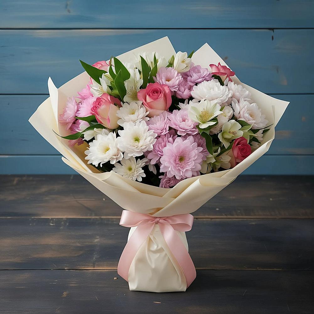 Букет цветов из: Хризантемы, Альстромерии и Розы в Андреевское